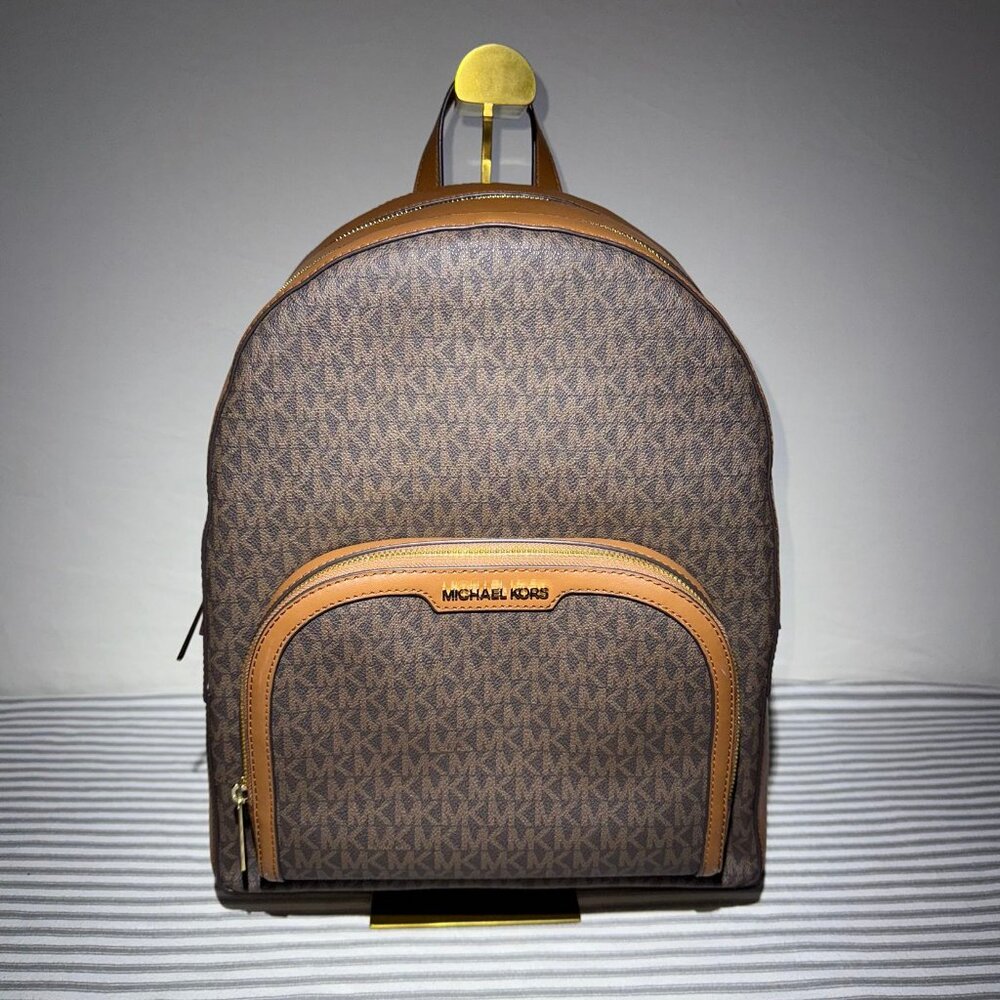 Michael Kors MK Signature Brown Backpack Leather Trim Women’s Designer Bag. - Picture 1 of 5